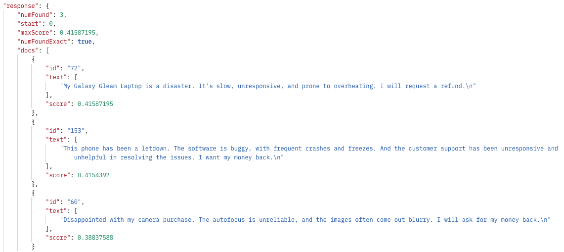 Dense Vector Search für die Query „refund“