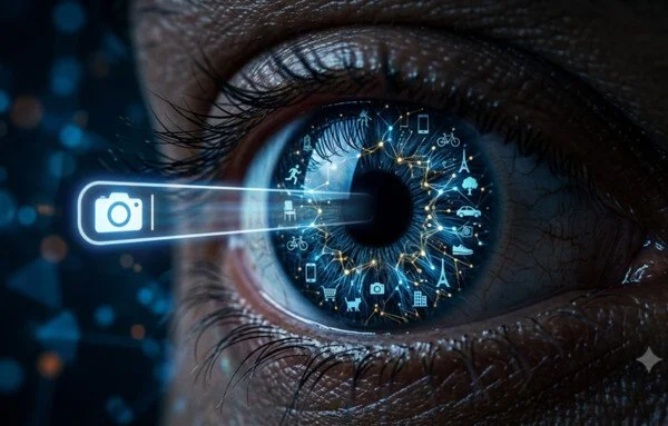 Ein extremes Nahaufnahme-Foto eines menschlichen Auges (Iris). Die Iris selbst besteht jedoch nicht aus Muskelfasern, sondern aus einem feinen, leuchtenden Netzwerk aus Datenknotenpunkten und digitalen Schaltkreisen, das an ein Gehirn erinnert. Wenn man genauer hinsieht, erkennt man in den feinen Strukturen winzige, schemenhafte Symbole von Objekten (ein Stuhl, ein Auto, ein Gesicht, ein Kleidungsstück). Aus der Pupille wird ein Lichtstrahl projiziert, der eine Suchleiste formt, in der das Symbol einer Kamera zu sehen ist.