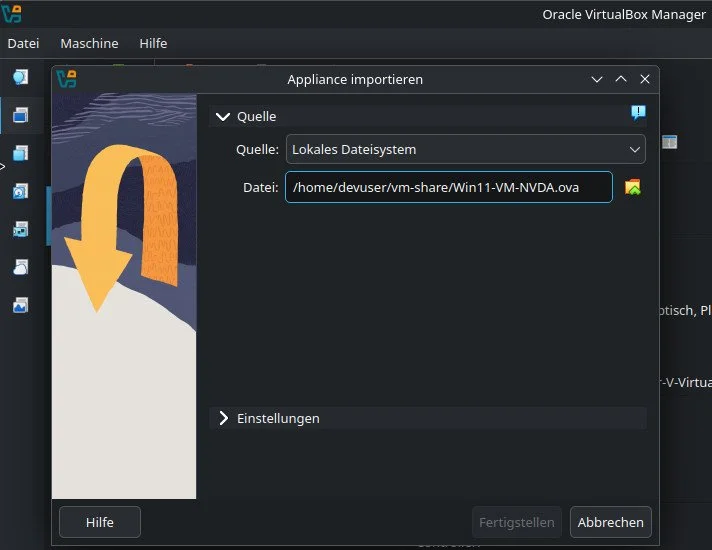 OVA-Import in VirtualBox: Schritt 1