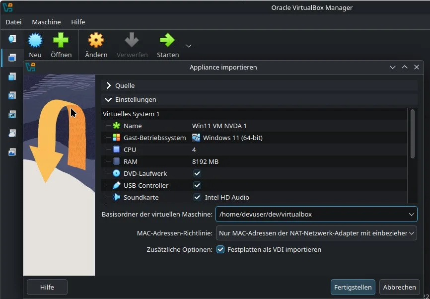 OVA-Import in VirtualBox: Schritt 2