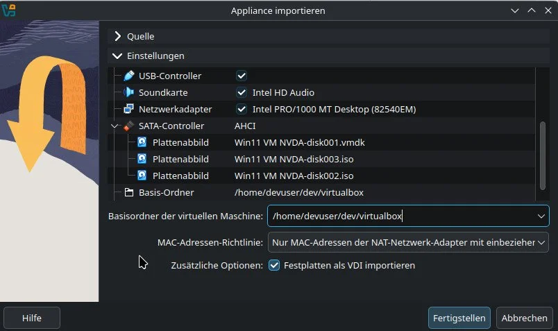 OVA-Import in VirtualBox: Schritt 3