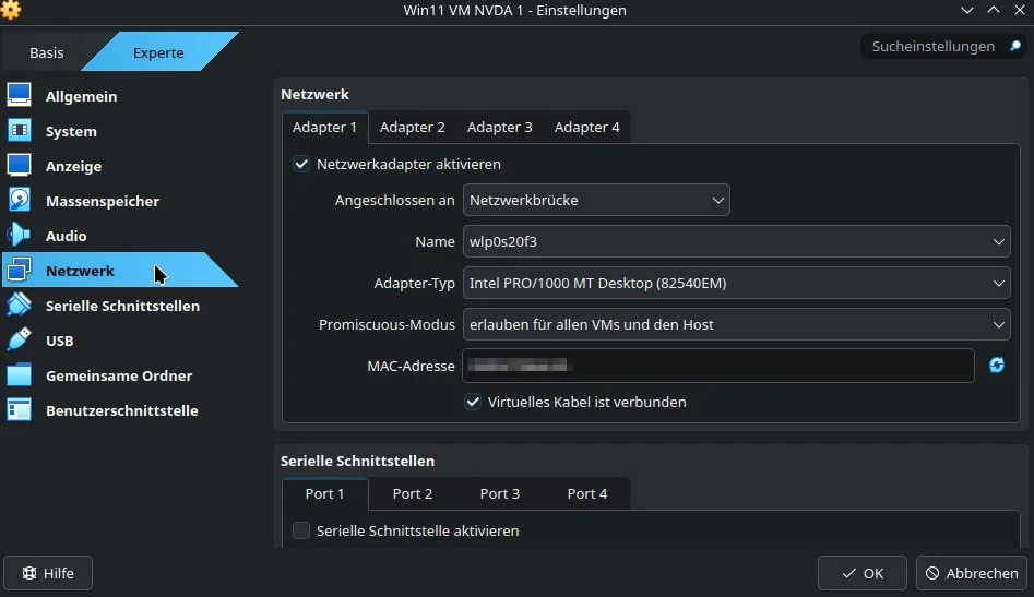 zu wählende Einstellungen im VM NVDA unter Windows 11