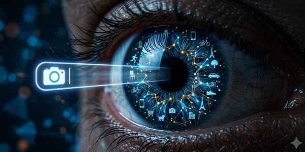 Ein extremes Nahaufnahme-Foto eines menschlichen Auges (Iris). Die Iris selbst besteht jedoch nicht aus Muskelfasern, sondern aus einem feinen, leuchtenden Netzwerk aus Datenknotenpunkten und digitalen Schaltkreisen, das an ein Gehirn erinnert. Wenn man genauer hinsieht, erkennt man in den feinen Strukturen winzige, schemenhafte Symbole von Objekten (ein Stuhl, ein Auto, ein Gesicht, ein Kleidungsstück). Aus der Pupille wird ein Lichtstrahl projiziert, der eine Suchleiste formt, in der das Symbol einer Kamera zu sehen ist.